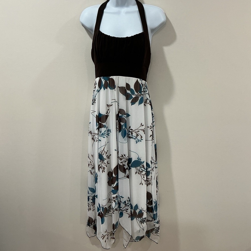 Vintage Y2k Speechleess Womens Halter Neck Funky Floral Dress Brown White Large